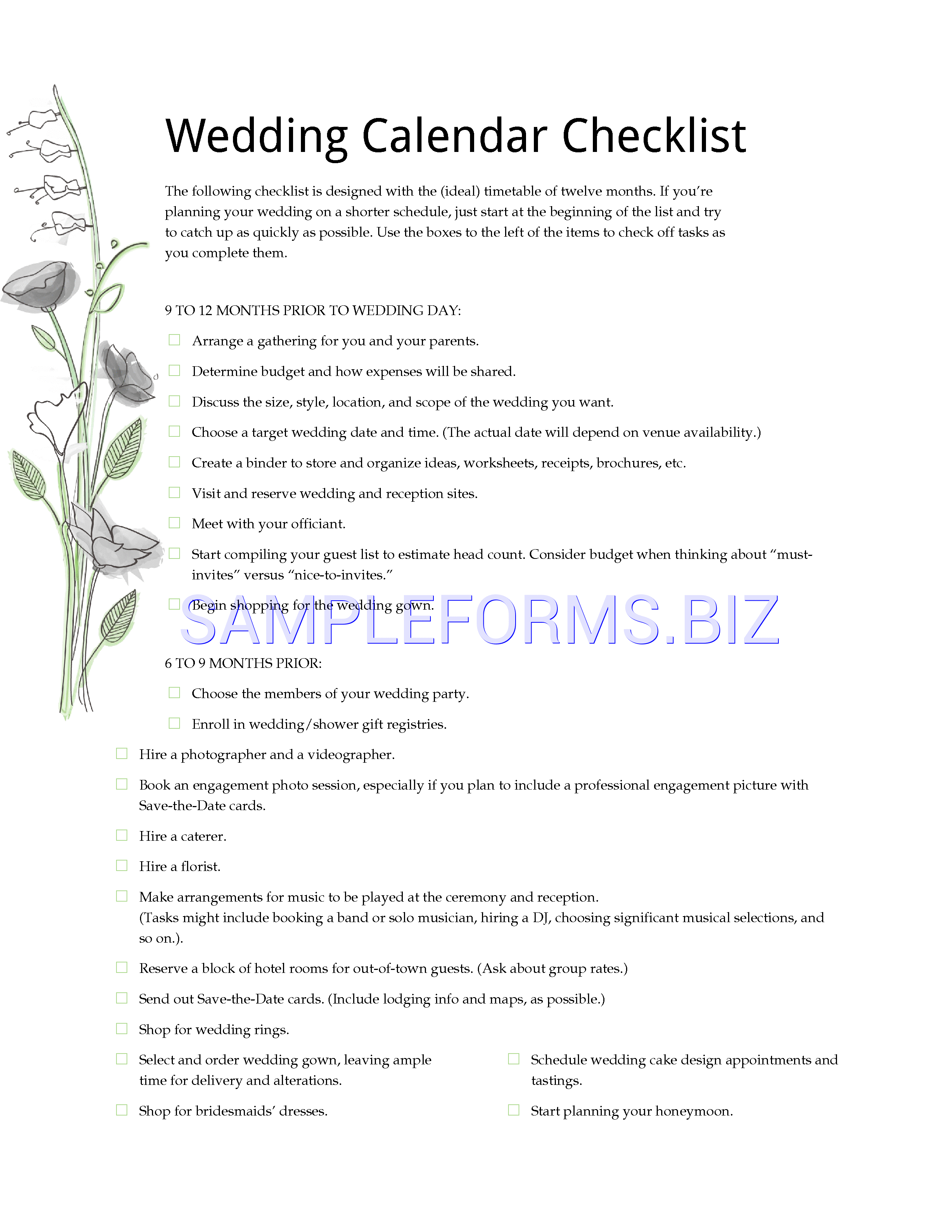 Preview free downloadable Wedding Checklist in PDF (page 1)